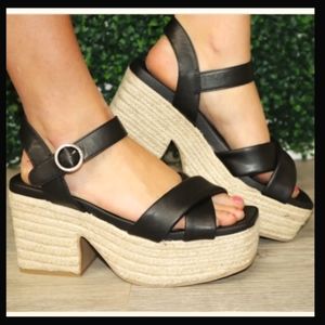 Mia stunning jute braid braided thick heel platforms w black vegan leath…